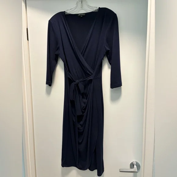 Navy Faux Wrap Cotton Blend Dress - Picture 1 of 8